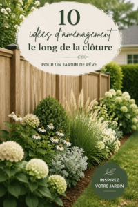 Aménagement paysager créatif le long d'une clôture dans un jardin fleuri.