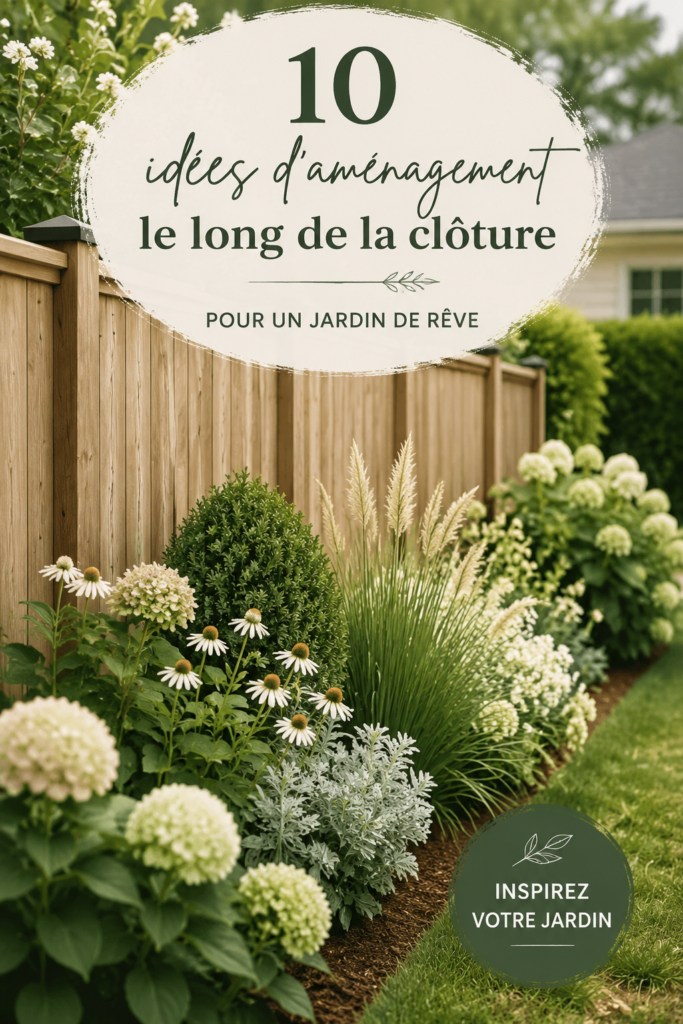 Aménagement paysager créatif le long d'une clôture dans un jardin fleuri.