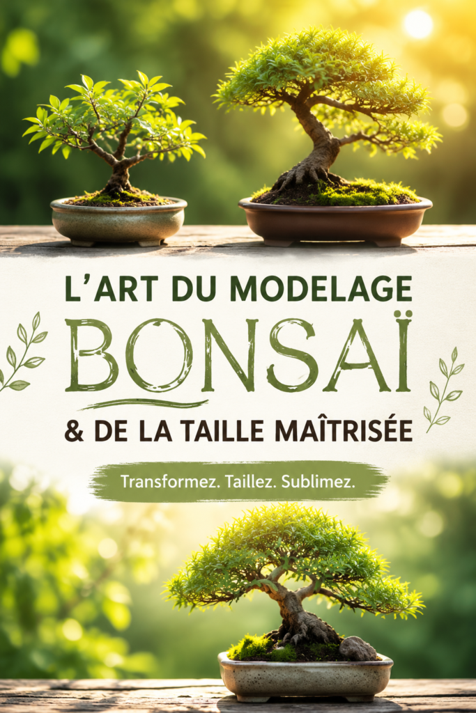 Un magnifiques bonsaï taillé en forme harmonieuse sur une table en bois.