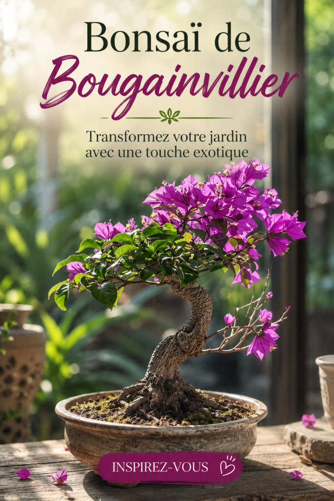Un bonsaï bougainvillier en fleurs vibrant de couleurs dans un jardin ensoleillé.