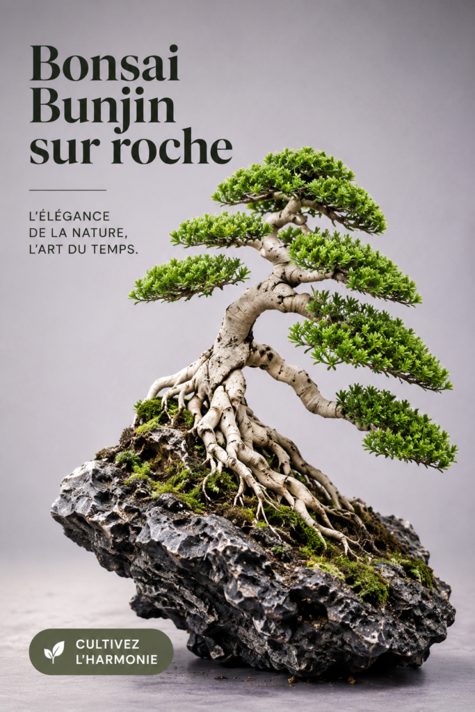 Un bonsaï Bunjin sur roc, symbolisant la sérénité et l'art japonais.