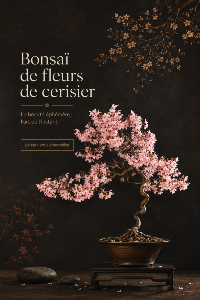 Bonsaï cerisier avec des fleurs roses épanouies sur une table en bois.