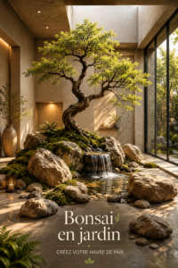 Un bonsaï luxuriant dans un jardin zen, représentant l'art de la culture des bonsaïs.