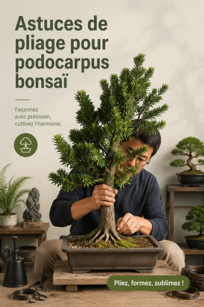 Bonsaï Podocarpus bien plié et entretenu dans un pot décoratif