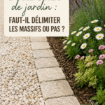 Bordures de jardin en bois délimitant un massif de fleurs colorées