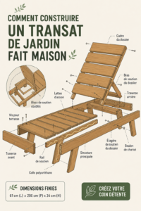Transat en bois fabriqué maison dans un jardin ensoleillé