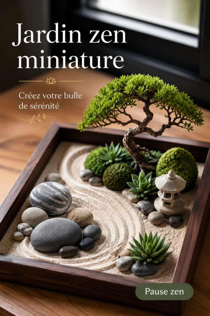 Un joli jardin zen miniature créé avec des gravillons et des plantes apaisantes