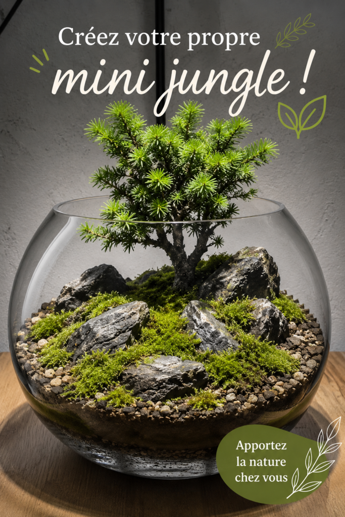 Une belle mini jungle d'intérieur composée de diverses plantes vertes.