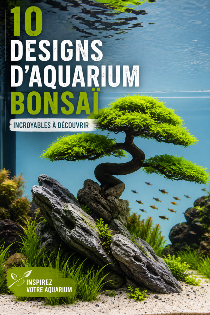 Un aquarium bonsaï élégant avec des plantes aquatiques et des éléments naturels.