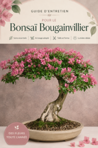 Un bonsaï Bougainvillier en pleine floraison dans un pot décoratif.