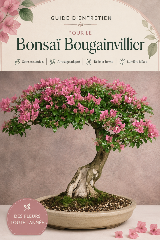 Un bonsaï Bougainvillier en pleine floraison dans un pot décoratif.
