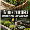 Un jardin bien décoré avec des bordures économiques en bois et pierres naturelles.