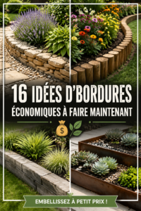Un jardin bien décoré avec des bordures économiques en bois et pierres naturelles.