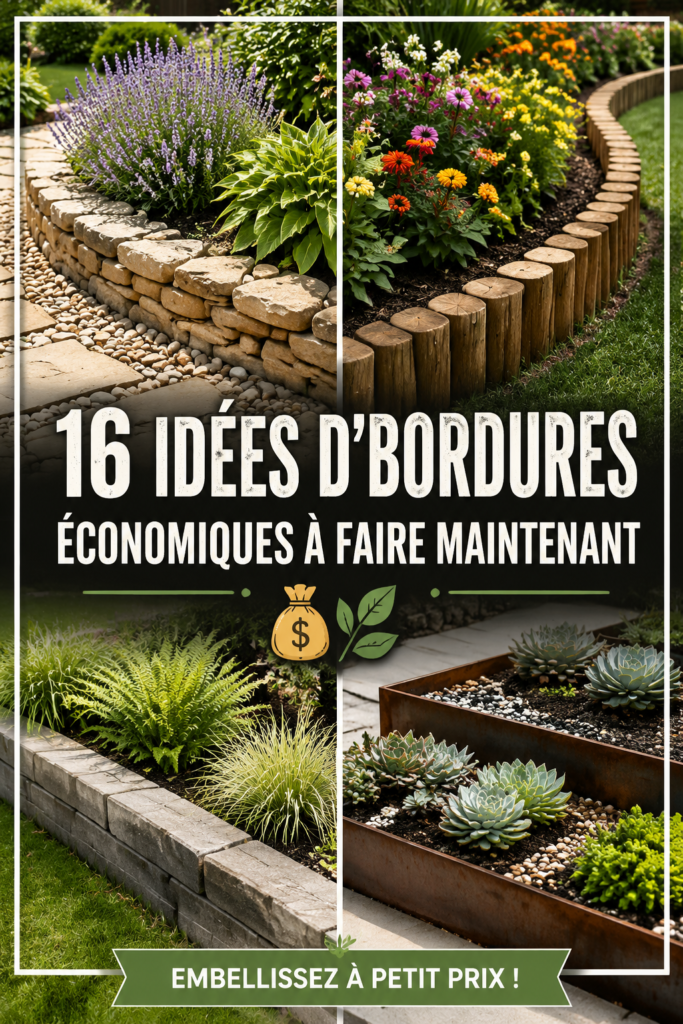 Un jardin bien décoré avec des bordures économiques en bois et pierres naturelles.