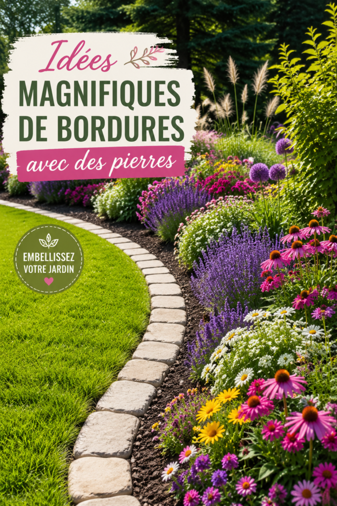 Une bordure en pierre entourant des fleurs colorées dans un jardin