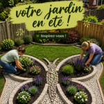 Un jardin estival décoré avec des fleurs colorées et des lanternes