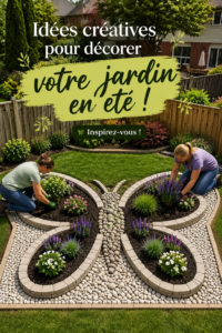 Un jardin estival décoré avec des fleurs colorées et des lanternes