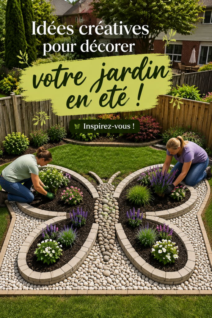 Un jardin estival décoré avec des fleurs colorées et des lanternes