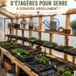 Etagères en bois bien aménagées dans une serre, accueillant diverses plantes vertes