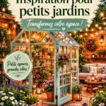 Petit jardin moderne avec mobilier confortable et plantes colorées.