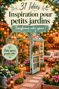 Petit jardin moderne avec mobilier confortable et plantes colorées.