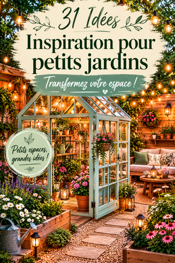 Petit jardin moderne avec mobilier confortable et plantes colorées.