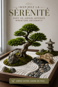 Un jardin japonais miniature décoratif avec plantes et pierres, créant une ambiance apaisante.