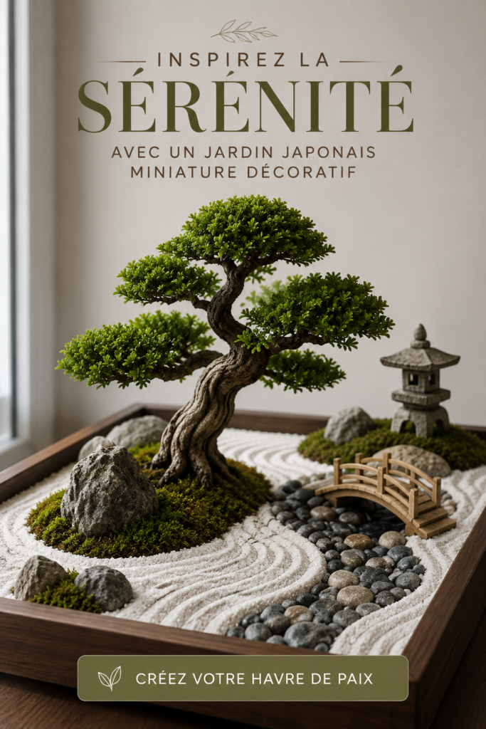 Un jardin japonais miniature décoratif avec plantes et pierres, créant une ambiance apaisante.