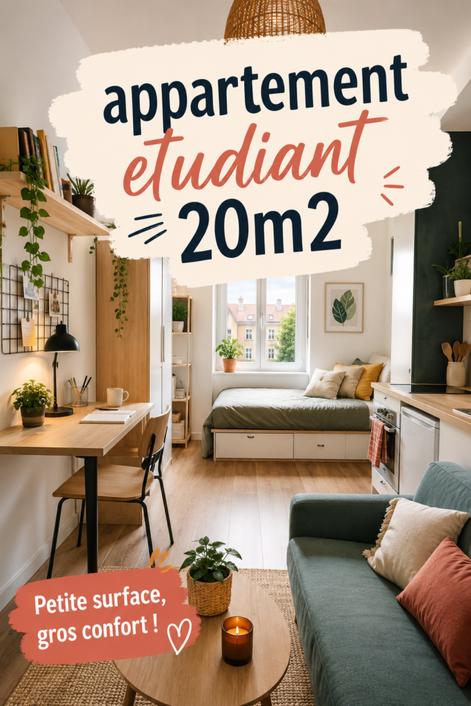 Un appartement étudiant de 20m2 bien aménagé avec un coin chambre et un espace de travail.