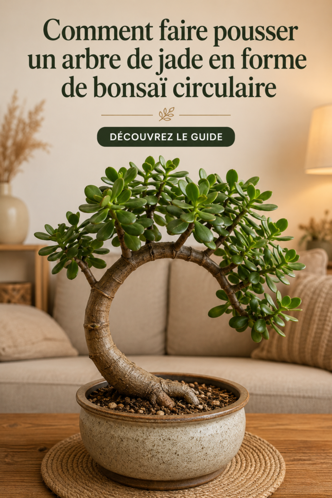 Femme taillant une plante jade en forme de bonsaï circulaire dans son salon