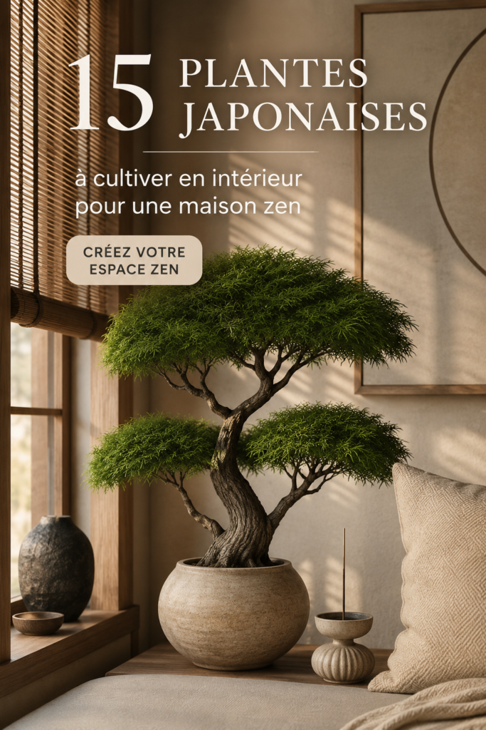 Une sélection de plantes japonaises en pot, créant une ambiance zen dans un intérieur lumineux.