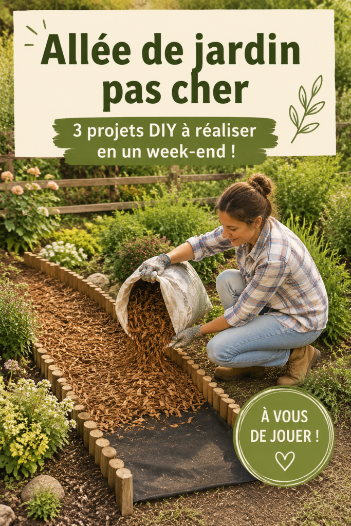 Une allée de jardin en gravier bien entretenue avec des plantes colorées de chaque côté.