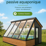 Serre solaire passive aquaponique avec des plantes vertes en pleine croissance.