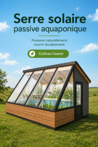 Serre solaire passive aquaponique avec des plantes vertes en pleine croissance.