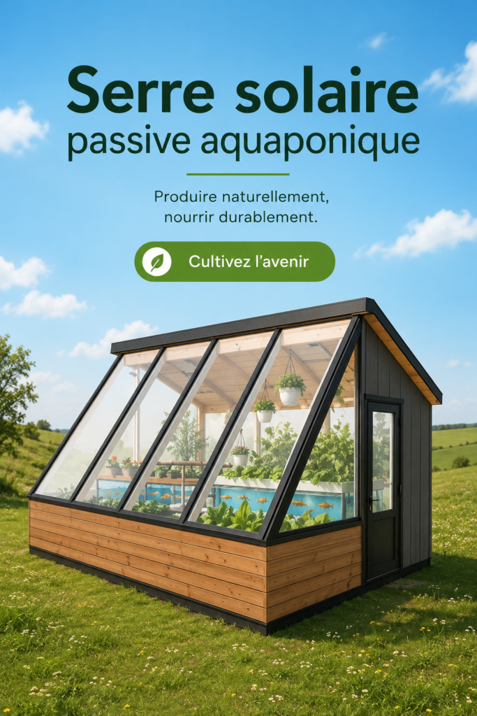 Serre solaire passive aquaponique avec des plantes vertes en pleine croissance.