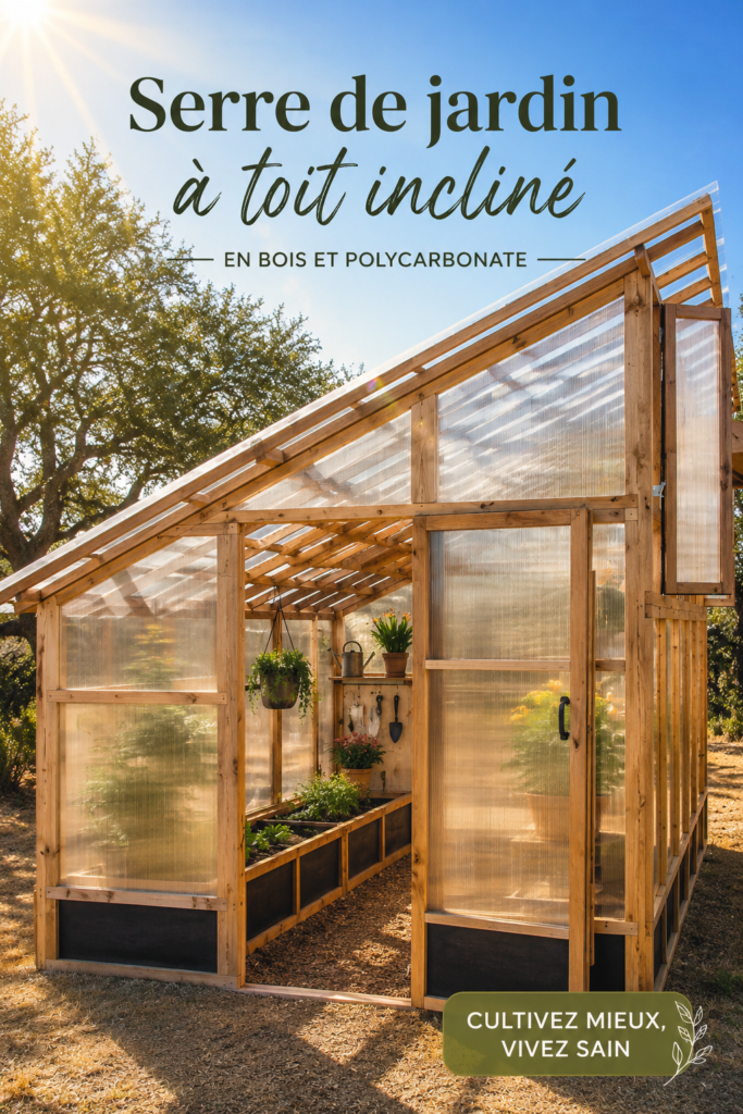 Serre à toit incliné dans un jardin luxuriant