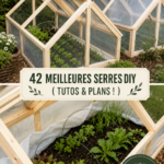 Serre DIY en bois dans un jardin avec des plantes variées