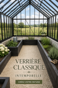 Växthus Classicum Antique dans un jardin luxuriant, ajoutant une touche vintage.