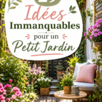 Petit jardin bien aménagé avec plantes colorées et mobilier extérieur chaleureux.