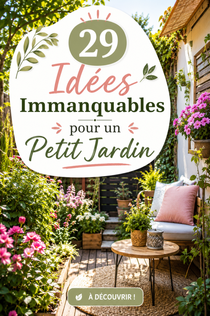 Petit jardin bien aménagé avec plantes colorées et mobilier extérieur chaleureux.