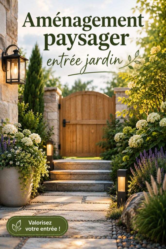 Entrée de jardin décorée avec des plantes et des chemins aménagés