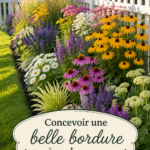 Bordure de jardin colorée avec des fleurs vivaces en pleine floraison.