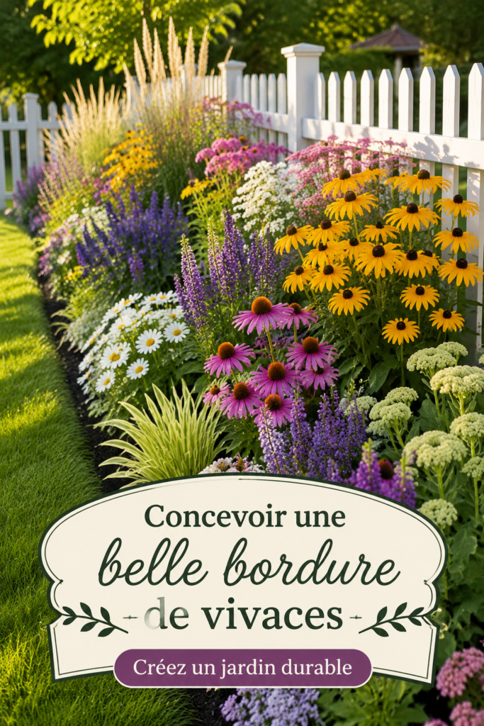 Bordure de jardin colorée avec des fleurs vivaces en pleine floraison.