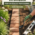 Mains posant des briques pour une bordure de jardin bien structurée.