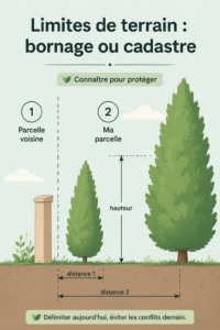 Illustration d'un terrain avec bornage et cadastre, symbolisant la délimitations des propriétés.