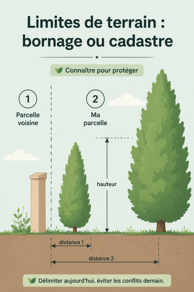 Illustration d'un terrain avec bornage et cadastre, symbolisant la délimitations des propriétés.