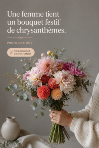 Femme tenant un bouquet de chrysanthèmes colorés pour une fête