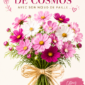 Bouquet vibrant de fleurs cosmos avec nœud en paille sur une table