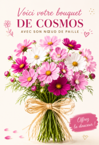 Bouquet vibrant de fleurs cosmos avec nœud en paille sur une table