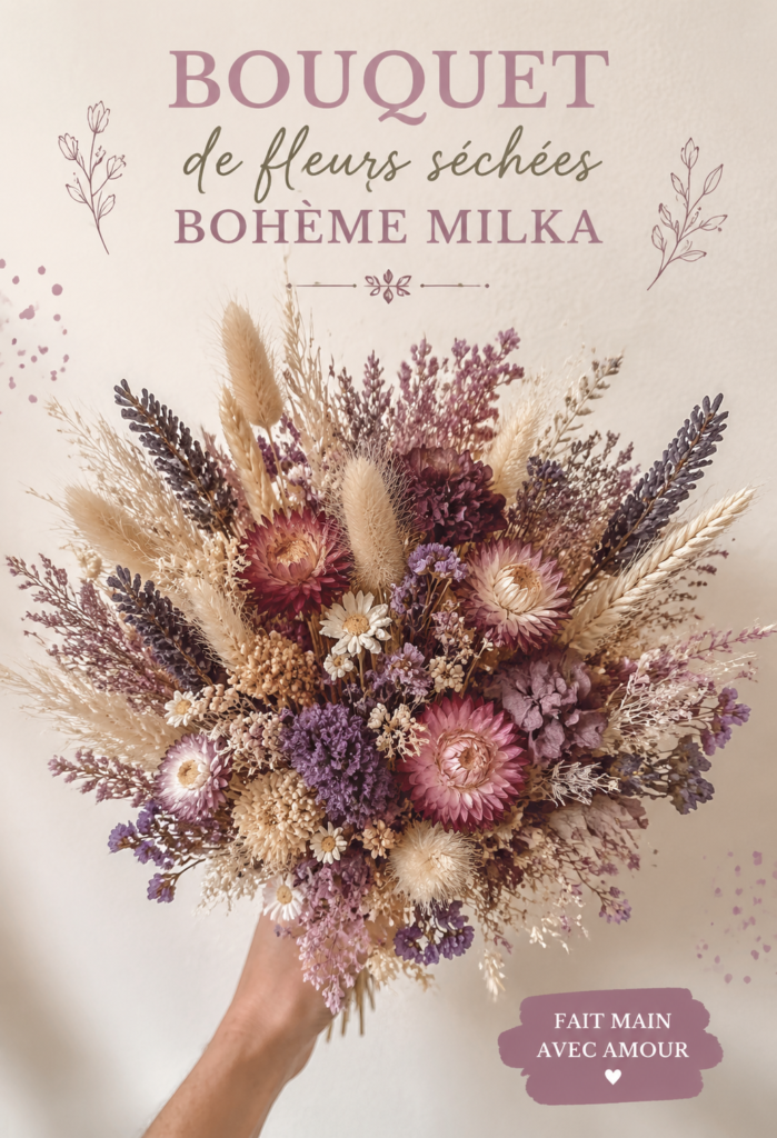 Un bouquet de fleurs séchées dans un style bohème, mettant en avant des couleurs douces et naturelles.